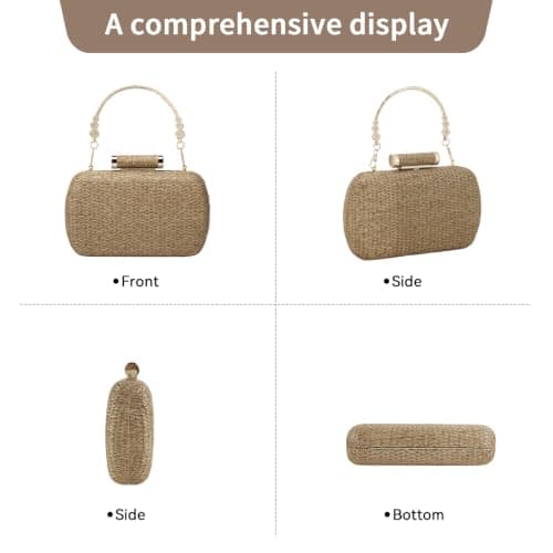 Cckuu Women's Raffia Straw Clutch Bag, Hand-Woven Wicker Evening Purse for Wedding & Beach Summer Holiday (Grey) — view 6