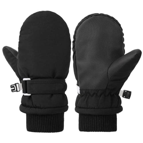Kioeok Kids Waterproof Thermal Gloves Winter Snow Mittens with Fleece Lined Adjustable Wristband Warm Ski Gloves for Girls Boys (Black, L(4-12Y))