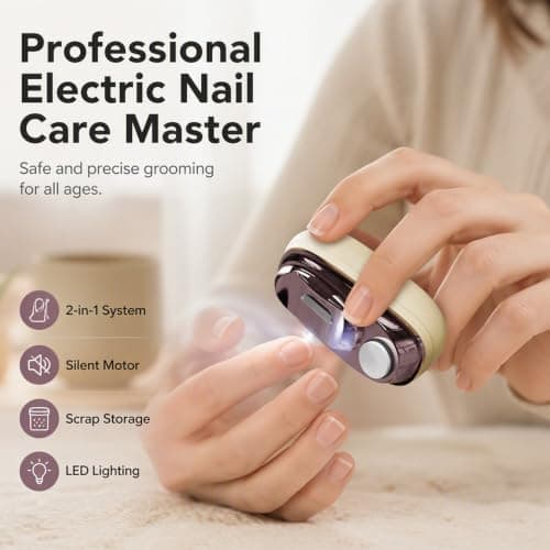 2-in-1 Smart Electric Nail Clipper with LED Light for Seniors, Beige — view 2
