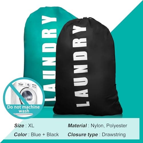 2 Pack Upgrade Extra Large Travel Laundry Bag with Drawstring，24" x 36" Durable Rip-Stop Dirty Clothes Shoulder Bag for Travel, Bathroom Home or Dormitory (Blue Black) — view 3