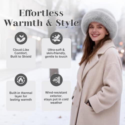 Faux Fur Bucket Hat for Women, Russian Style Winter Fluffy Fuzzy Ladies Hats Travel Hiking Work Home, Chapeau Fourrure Femme Winter Fashion Gift (Grey) — view 4