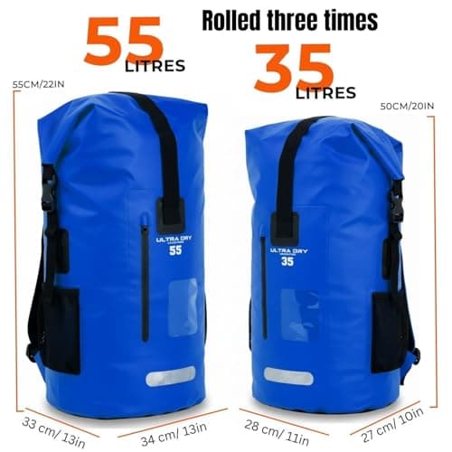 Premium 35L Waterproof Dry Bag Backpack, Sack with Phone Dry Bag, Perfect for Boating/Kayaking/Hiking/Canoeing/Fishing/Rafting/Swimming/Camping/Snowboarding (Blue, 35 L) — view 3