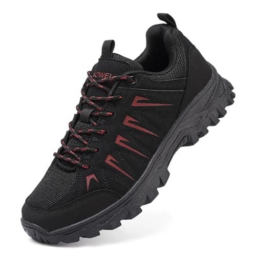 HaloTeam Trekking Shoes Mens Outdoor Travelling Walking Shoes Non-Slip Lace-up Hiking Boots,Black Red,8.5 UK