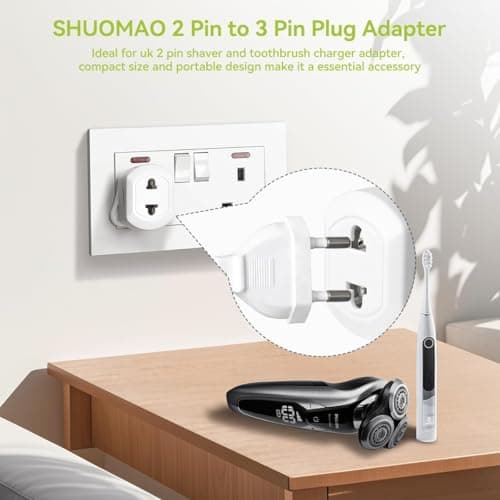 2-PACK Shaver Plug Adaptor UK,2 Pin to 3 Pin Toothbrush Converter Plug — view 4