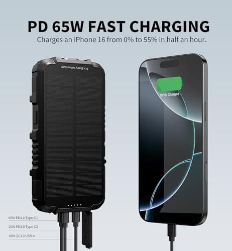 Dexnor Solar Charger Power Bank 27,000mAh, 65W PD3.0 & QC3.0 Fast Charging Powerbank External Battery Pack Portable Wireless Chargers with Flashlight and Carabiner, Compatible with MagSafe & Qi — view 2