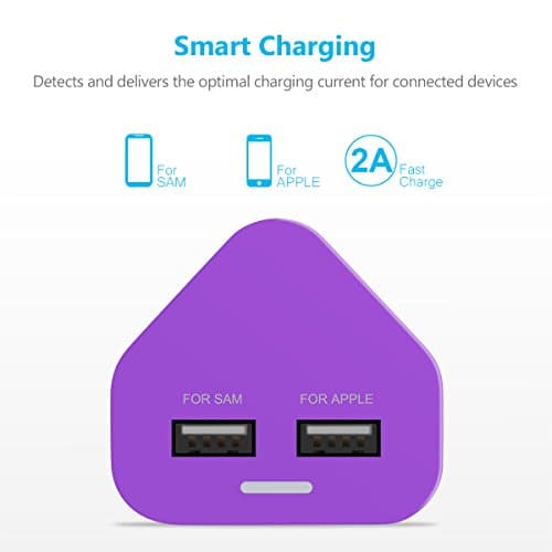 AMEEGO Dual USB Plug Charger 2A, 2 Port USB-A UK Mains Wall Adapter, 10W Shared Output Phone Charger Plug for Mobile Phones, Tablets, Power Banks and USB Devices - Purple — view 4