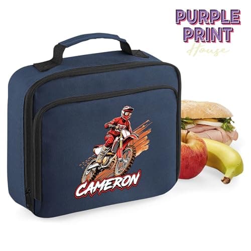 Red Personalised Dirtbike Lunch Bag for Kids Off Road Motorbike Back to School Nursery Lunchbox, 24cm x 20cm x 8cm, Navy — view 4