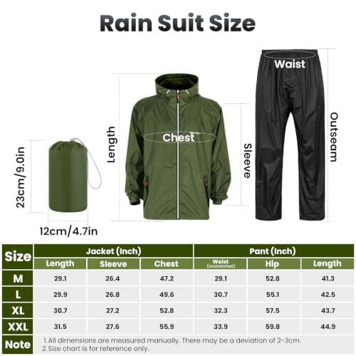 SOPPY Waterproof Rainsuit Jacket Pants Suits for Men Women, Hooded Rain Jacket Waterproof Coat with Trousers, Packable Raincoat Sets with Carrying Bag for Fishing Hiking Camping (Army Green, L) — view 2