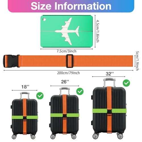 Luggage Straps, 8 Pcs Adjustable Suitcase Straps Belts with 4 Pcs Metal Luggage Tags Heavy Duty Adjustable Suitcase Belts (Green+Orange) — view 2