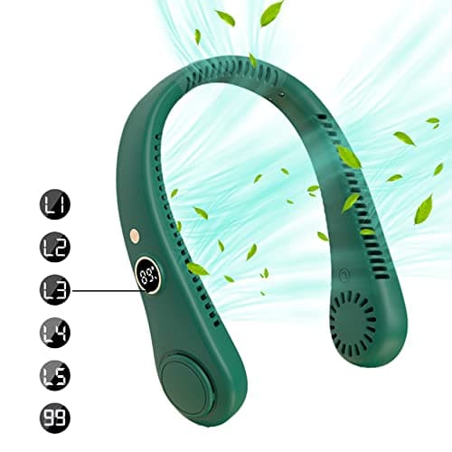 Uotory 360° LED Digital Display Portable Neck Fan, USB Wearable Fan 5 Wind Speeds Hanging Leaf Less Portable Outdoor Hanging Neck Lazy Fan (green) (WWJ-614-4) — view 2