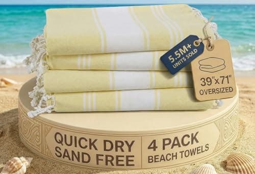 LANE LINEN Oversized Turkish Beach Towels – 4 Pack, 39"x71" Cotton Rich & Quick Dry Pool Towels, Pre-Washed, Sand-Free & Lightweight Travel Towels for Adults, Yellow