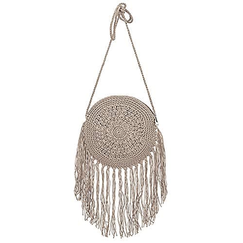 Millya Fringe Tassel Crossbody Shoulder Bag Straw Woven Handmade Boho Beach Travel Handbag for Women (03878 Grey)