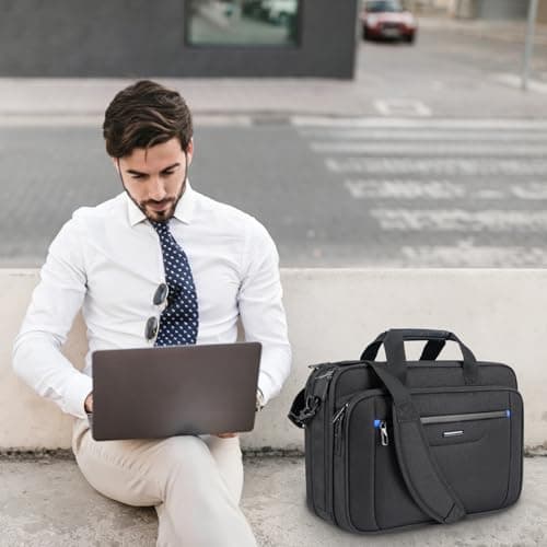 VANKEAN Laptop Briefcase Men 17.3 Inch Expandable Messenger Bag Black-Blue — view 2