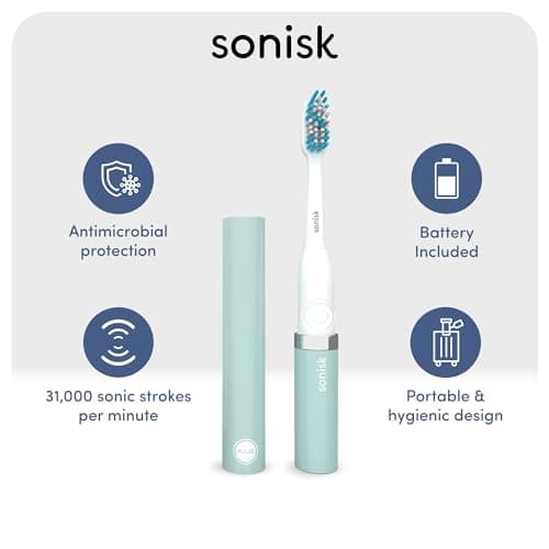Sonisk Pulse | Battery Powered Electric Toothbrush | Portable Travel Size with Antimicrobial Sonic Technology | 1x Battery, 2X Brush Heads, 1x Travel Case Included (Teal) — view 3