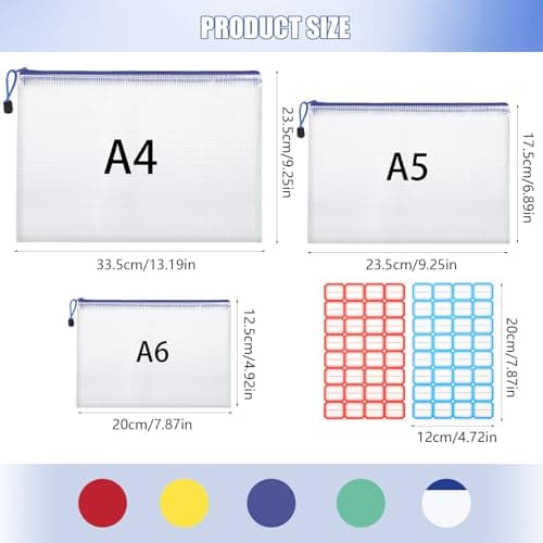 Plastic Wallets A4 + A5 + A6, 15 Pack Zip Lock Bags Mesh Document Wallet File Folders Zip Pouches with Labels for School Office Supplies Home Travel Storage — view 2