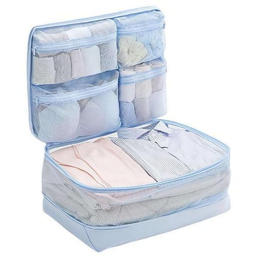 5-in-1 Compression Packing Cube – Hanging Luggage Organizer with 4 Compartments for Clothes & Underwear, Machine Washable Travel Suitcase Accessories,Space-Saving Travel Essentials,17.7x12.6” (Blue)