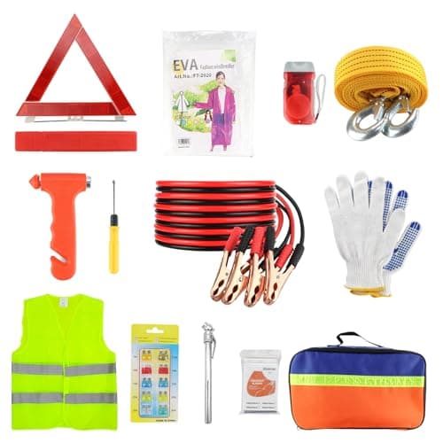 Car Emergency Breakdown Safety Kit 13-in-1 Vehicle Europe Travel Driving Kit with Jump Leads,Tow Rope,Warning Triangle,Hi-Vis Vest,Emergency Hammer/Rain poncho/Blanket etc