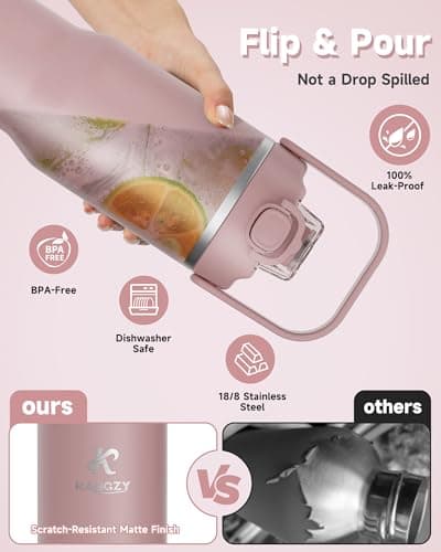KANGZY Metal Water Bottle with Straw 1L/32oz – Vacuum Insulated Stainless Steel Flask, 2-in-1 Straw & Spout Lid, BPA-Free Leak-Proof Tumbler, Keeps Drinks Hot 8H+ / Cold 24H for Work, Travel Pink — view 3