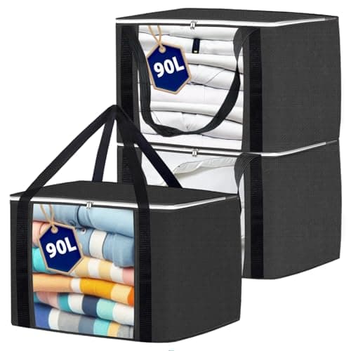 Joybees Clothes Storage Bags with Lids, 3-Pack, 90L Large Foldable Boxes with Zipper & Clear Window, Thick Scratch-Resistant Material, Moving & Bedding Storage, Black, 60 × 45 × 35 cm