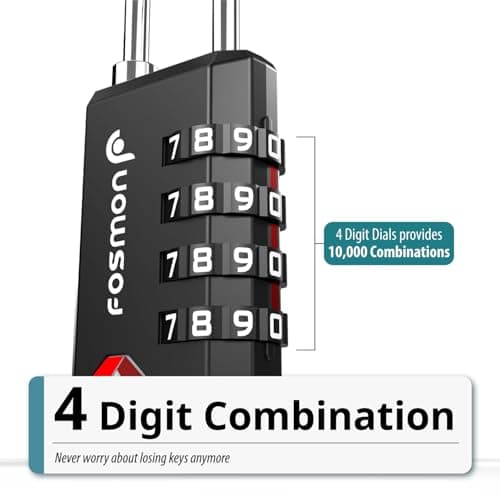 Fosmon TSA Approved Luggage Locks (4 Pack), Resettable Multi-Use 4 Digit Combination Padlock 10,000+ Codes with Zinc Alloy Shackle, Ideal for Travel Bag, Suitcase, Locker, Backpack, Briefcase - Black — view 3