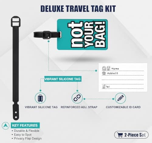 2 Pack Silicone Luggage Tags with Name ID Card, Flexible Travel Suitcase Name Tags with Adjustable Strap for Baggage, Handbags and Travel Bags — view 3