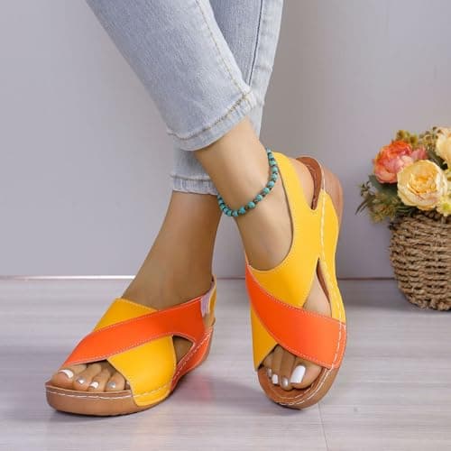 Open Toe Orthopedic Sandals for Women with Back Strap,Ladies Patchwork Slingback Wedge Sliders Ankle Strap Casual Summer Arch Support Comfy Walking Sandal with Touch Fastening Size 4 Orange-Yellow — view 2