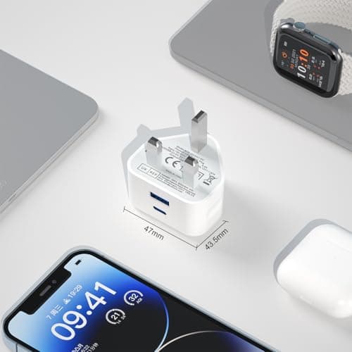 USB C Plug Fast Charge,20W USB A and C Charger Plugs Adapter UK for iPhone 17 Pro Max Air 16e 16 Plus Pro Max 15 14 13 12 11 SE Watch iPad Pro Mini Air 9 10 11th A16,Dual Port Type USBC Charging Head — view 3