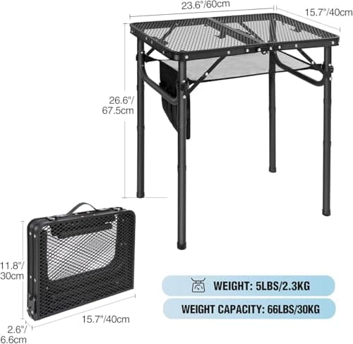 REDCAMP Folding BBQ Table, 3-Height Adjustable，60x40cm，Black — view 3