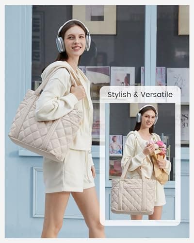 LOVEVOOK Laptop Tote Bags for Women, Lightweight Puffer Handbag for School, Large Work Handbags Ladies Tote Bag with Compartments, Quilted Shoulder Bag for Teacher Nurse Work Shopping Travel — view 2