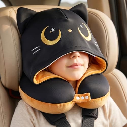 Mewaii Kids Travel Neck Pillow, Airplane Pillow with Cat Hood, Orange