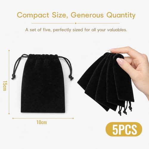 Msjuwek 5PCS Premium Black Velvet Jewellery Pouches with Drawstring, Small Gift Bags for Rings, Earrings, Necklaces, Wedding Favours, and Travel Storage Pouch for Small Items (Black) (10x15cm) — view 2