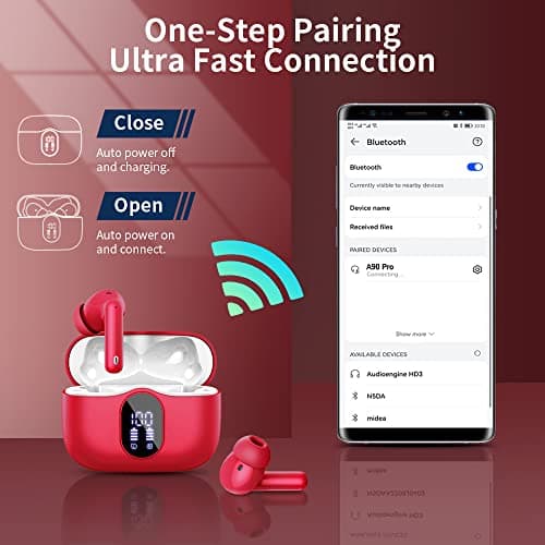 Wireless Earbuds, Bluetooth 5.4 Headphones In Ear with 4 ENC Noise Cancelling Mic, LED Display New Bluetooth Earbuds Mini Deep Bass Stereo Sound, 36H Playtime, Wireless Earphones IP7 Waterproof, Red — view 6