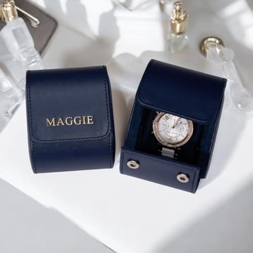 Personalised Single Watch Roll Travel Case, Blue PU Leather, 55mm Width, 8 x 10 x 7 cm — view 2