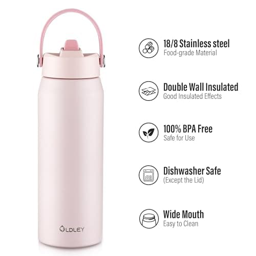 OLDLEY 750ml Insulated Water Bottle with Straw, Stainless Steel Water Bottles with Handle, Leakproof BPA Free Vacuum Metal Flask Keep Hot and Cold for Sports, Travel, Hiking (Pink) — view 5
