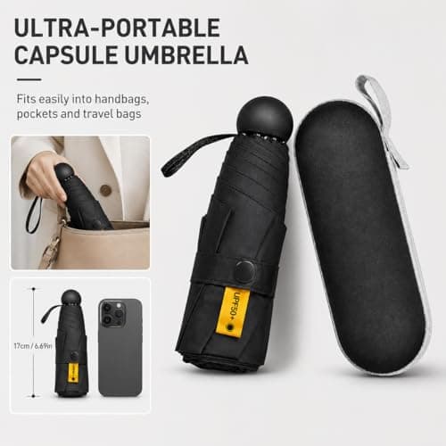 Mini Folding Umbrella with Case, Pocket Sized Lightweight Portable Umbrella, Light Compact Rain Umbrella for Travel Outdoor Daily Use, Small Sun Rain Pocket Umbrella for Girls and Women men (Black) — view 2