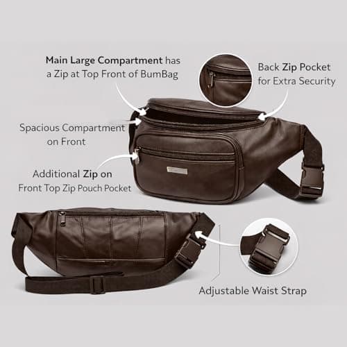 Woodland Leathers Genuine Leather Bum Bag, Durable Waterproof Waist Bag for Men and Women, Ideal for Travel, Festivals, Dog Walking, Fashion Bum Bag and Running Fanny Pack (Brown 6) — view 2