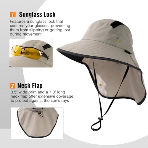 TOP-EX M/L/XL/XXL Unisex Mens Sun Hat with Neck Flap Sunglass Lock UPF 50 Wide Brim Outdoor Fishing Hats Hiking Safari Hat Waterproof & Packable Light Grey L/XL — view 3