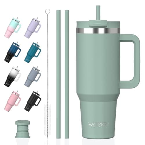 WATERSY 40oz Travel Mug Coffee Cup with 2 Straws, Tumbler Lid and Handle, Stainless Steel Double Wall Vacuum Insulated Coffee Water Bottle Thermal for Cold Hot Coffee 1182ml Green