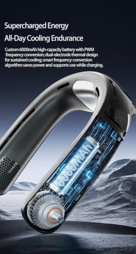Portable Bladeless Neck Fan Black, 360° Airflow, 100 Speed Levels, 3s Quick Cool, 6000mAh Battery, LED Smart Display, Quiet USB Rechargeable Wearable Fan for Outdoor Sports & Home Use — view 5