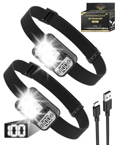 Andizun Head Torch Rechargeable, Digital Display Super Bright LED Headlamp Headlight with Sensor Control & 5 Light Modes, IPX4 Waterproof, Hands-Free for Cycling Power Cuts, Emergency etc, 2 Pack