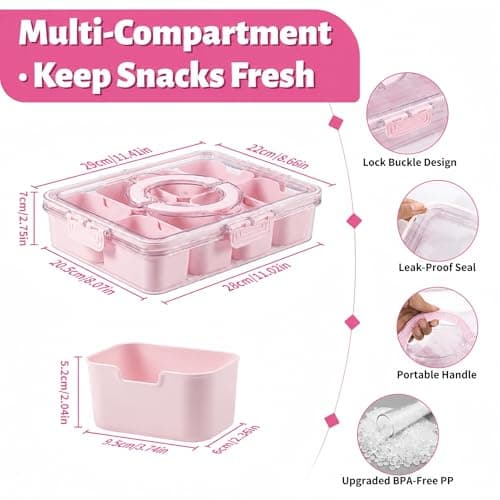 Küchera Pink Snackle Box with Handle, 8 Compartment Divided Snack Tray with Lid, Portable Food Storage Container for Travel, Plane & Picnics, Dishwasher Safe Platter for Sweets, Fruit & Nuts (Pink) — view 2