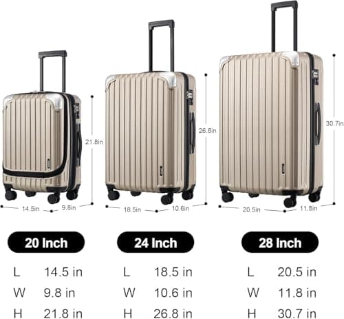 LEVEL8 Suitcase Set of 3, Carry-on Travel Luggage ABS+PC Hardshell Spinner Trolley for Business with Laptop Compartment, TSA (Champagne, 36L/68L/104L,3 Pcs Set) — view 4