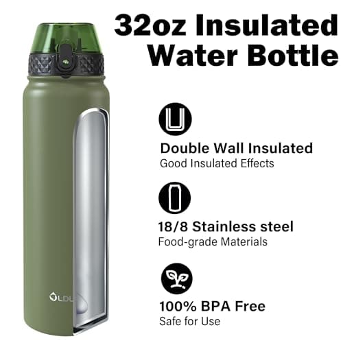 OLDLEY Stainless Steel Water Bottle with Straw 1L Vaccum Insulated Large Drink Flask Metal Water Bottles 1 Litre Leakproof Keep Drinks Hot Cold for Sports Travel Gym with Different Lids(Olive, 3 Lids) — view 4