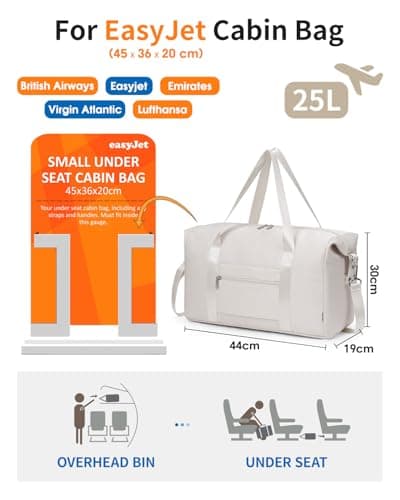 Narwey for Easyjet Cabin Bag 45x36x20 New Easyjet Underseat Foldable Hospital Bag Weekend Overnight Bags for Women Travel Duffel Carry on Luggage for Men 25L (Beige) — view 2