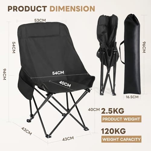 HAUSPROFI Folding Camping Chair Lightweight with 55cm High Back Outdoor Chair with Backpacking eavy Duty Tubular Steel Frame Ideal for Beach Picnics Garden Fishing — view 3