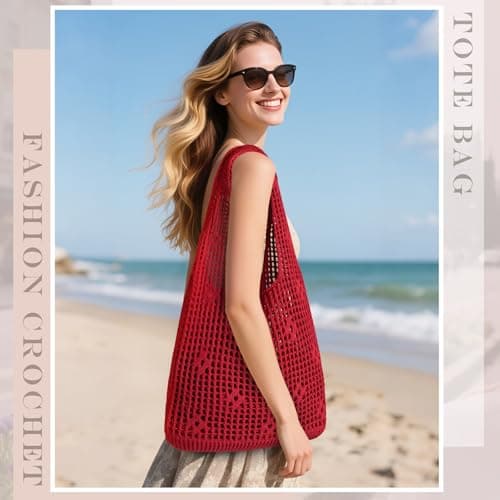 Sightor Crochet Tote Bag, Mesh Beach Bag Knit Summer Hobo Bag Vacation Boho Tote Bag for Women, Hollow Out Red, M, Boho — view 3