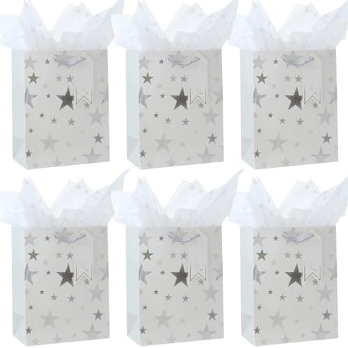 6Pack Medium Gift Bags with Tissue Paper,Silver,18×23×10CM