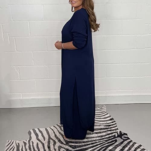 Ladies Casual Fashion Chiffon Long Sleeve Trousers Two Piece Set Grandma Pants Suits Women Navy — view 3