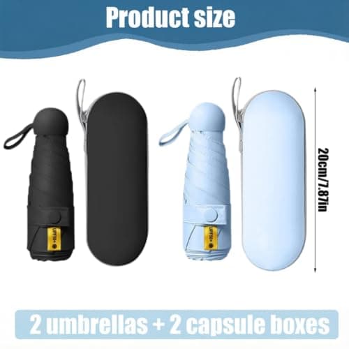 Cosiesnest 2 Pack Mini Folding Umbrellas with Capsule Cases, 6 Ribs Lightweight Compact Travel Umbrella for Handbag, Windproof UV Protection UPF 50+ Sun & Rain Umbrella for Women Men (Black & Blue) — view 2