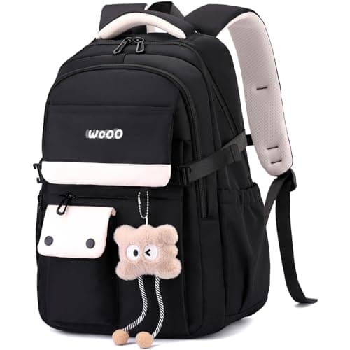 SUNYBLIS Black School Bags For Girls Boys,Aesthetic Back to School Backpack Cute Preppy with Pendant Ladies Rucksack Women Lightweight Waterproof Travel Back Pack for Teenage Primary Secondary School